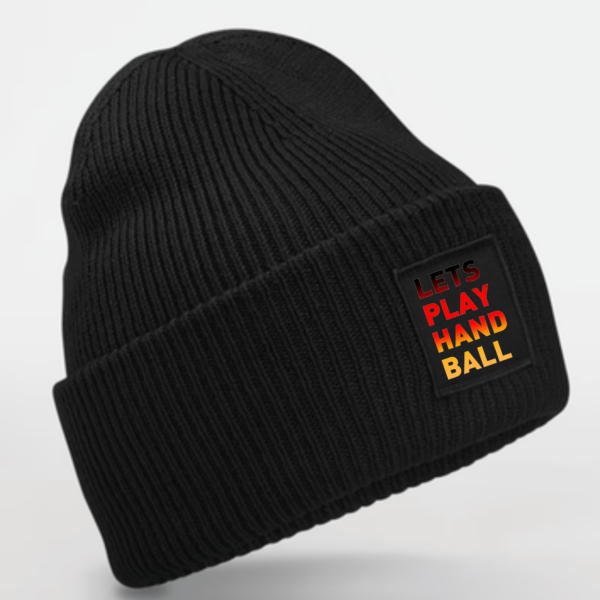 Schwarze Strickmütze mit Patch „Lets Play Handball"