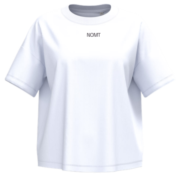 Damen Oversized Shirt WM-Shirt 2027 in Weiß, Vorderseite mit NOMT-Schriftzug
